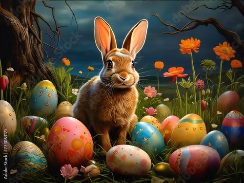 Easter bunny with colorful eggs in the meadow  3d illustration