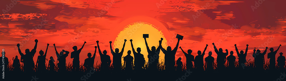 A group of people are celebrating with their hands raised in the air A group of people are celebrating with their hands raised in the air