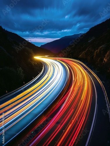 A freeway / motorway at night with traffic light trails. 