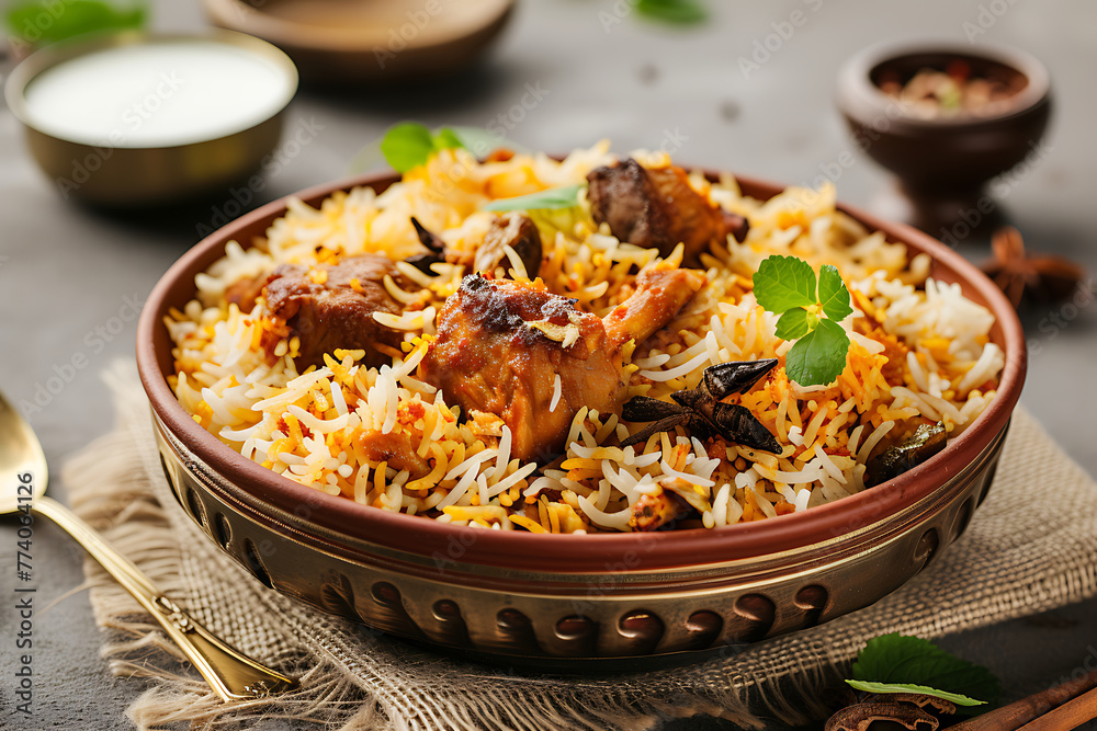 Delicious biryani rice ready to be enjoyed served on a plate. Generative AI Delicious biryani rice ready to be enjoyed served on a plate. Generative AI