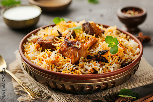 Delicious biryani rice ready to be enjoyed served on a plate. Generative AI