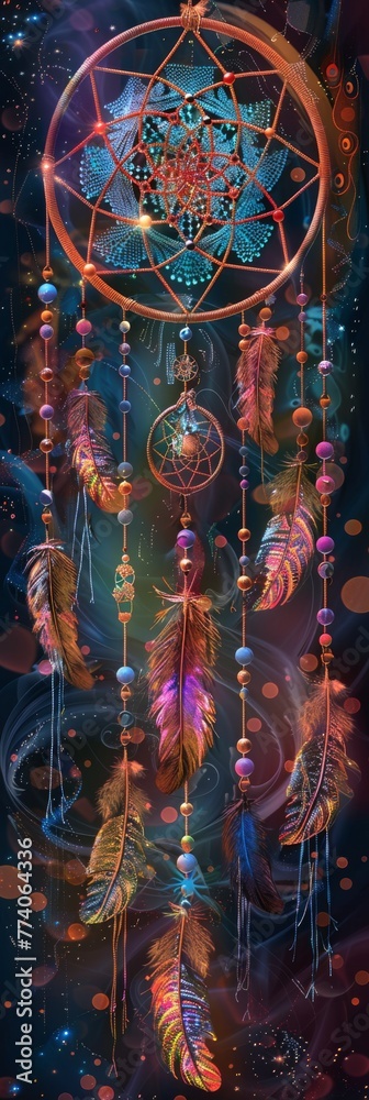 Dreamcatcher with feathers, beads, and woven nets adorned with small, psychedelic patterns and soft, glowing lights. This design symbolizes dreamy wanderlust created with Generative AI Technology