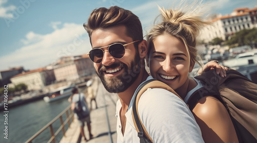 Happy young couple travel and hikeing outdoor adventure in summer. Pretty smiling people are active in nature and taking selfie portrait on phone. Cheerful couple enjoying backpacking life © DigitalDreamscape