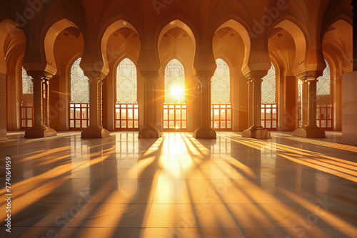 Sunrise through mosque arches, serene Eid al-Adha morning © Philippova