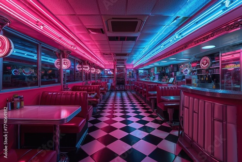 Retro neon diner interior with a nostalgic feel, Vintage diner ambiance infused with nostalgic neon lighting. © SaroStock
