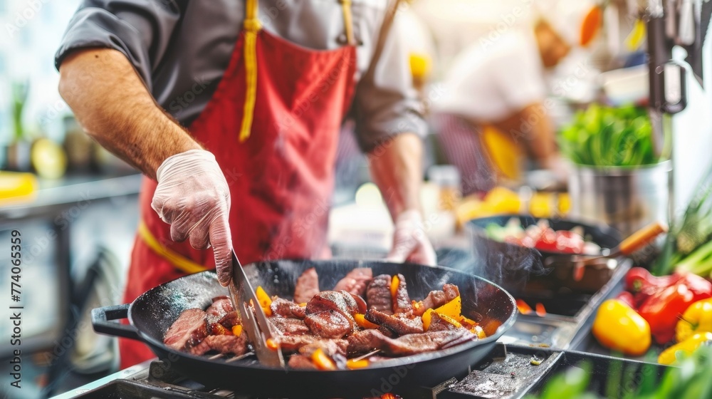 Fototapeta premium A man cooking food in a wok on the stove top, AI