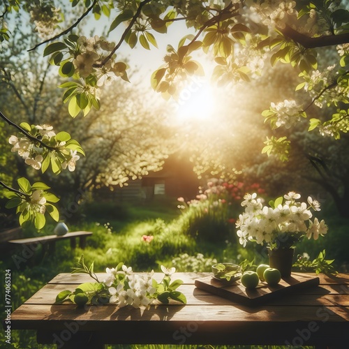 Spring beautiful background with green lush young foliage and flowering branches with an empty wooden table on nature outdoors in sunlight in garden generated by ai