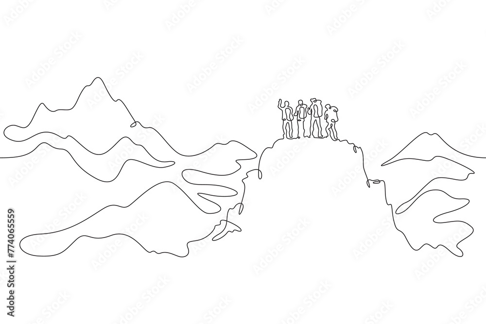 Tourists to the top. Group climbing in the mountains. Mountain landscape. One continuous line . Line art. Minimal single line.White background. One line drawing. - obrazy, fototapety, plakaty 