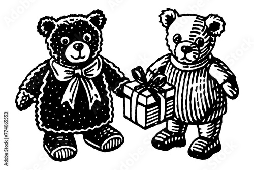 teddy bear two-vintage-teddy-bear-with-birthday-gift-vector illustration
