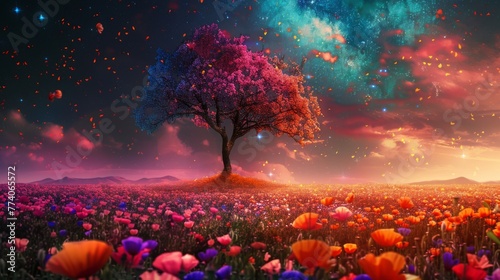 A tree with vividly colored leaves stands in a field of flowers against a stunning cosmic sky with stars and nebulae.