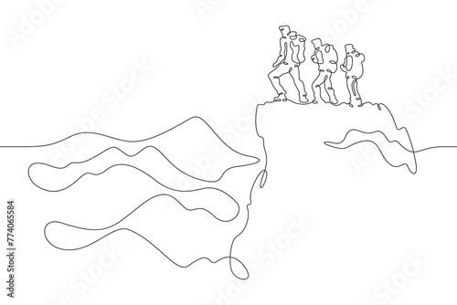 Tourists to the top. Group climbing in the mountains. Mountain landscape. One continuous line . Line art. Minimal single line.White background. One line drawing.