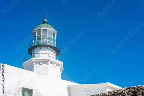 Armenistis Lighthouse, in Mykonos, Aegean Sea, Greece.
