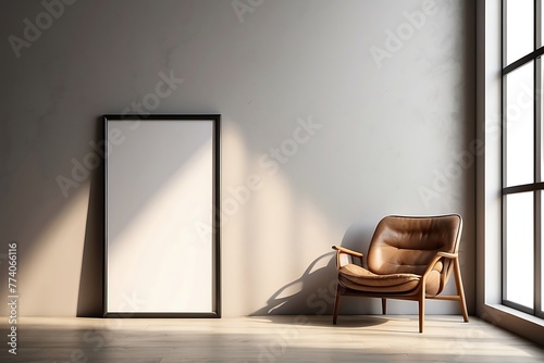 Interior of modern living room with white walls, concrete floor, beige armchair and mock up poster frame. 3d render