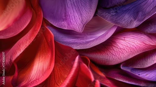 Close-up of multicolored petals, showcasing a gradient purple to red with delicate textures
