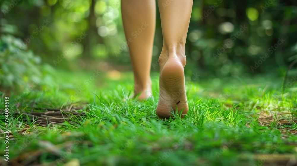 Bare feet walking on a green grass path in forest, displaying sense of freedom and connection with nature