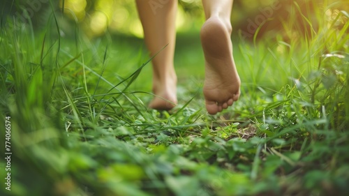Bare feet walking on a lush green grass with sunlight filtering through