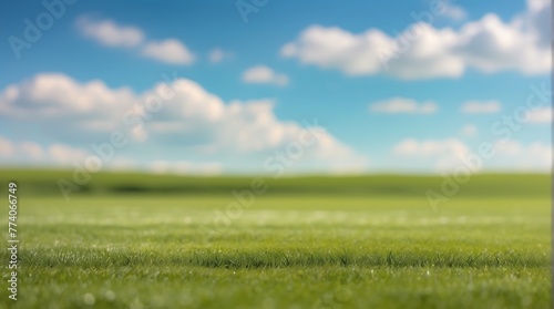 Beautiful summer natural landscape with lawn and blue sky with white clouds with light fog, shallow depth of field, Panoramic spring background.