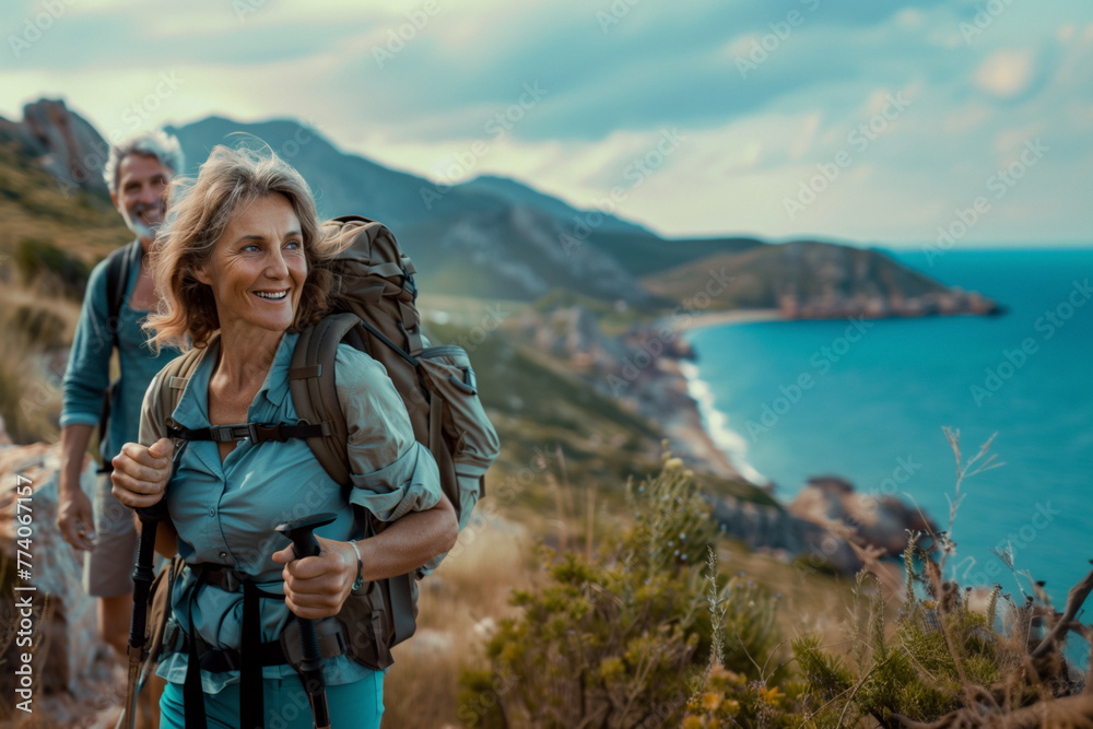 A radiant mature couple engages in a joyful hike on a rugged coastal trail, with the sea's vast expanse providing a breathtaking view.