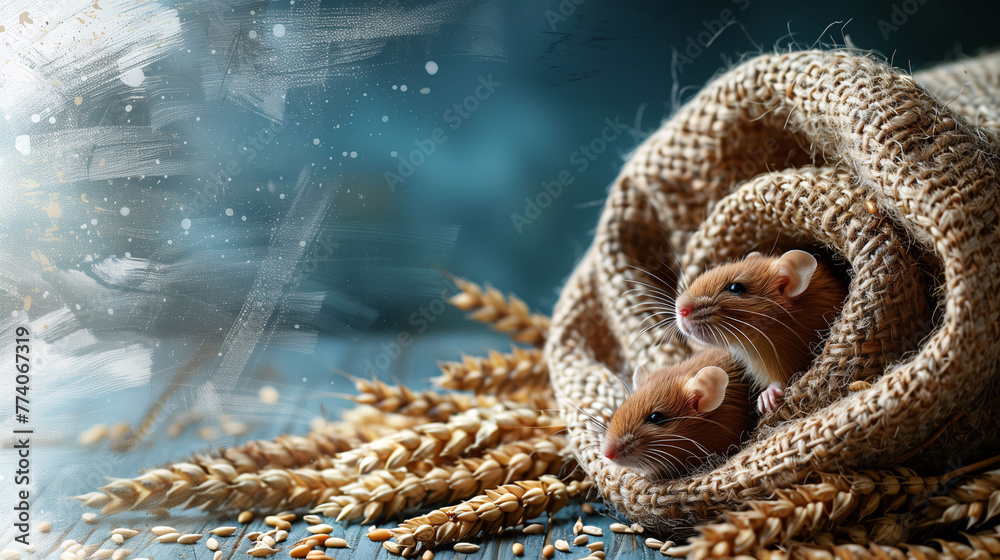 Obraz premium Two cute mice peeking out of a burlap sack surrounded by wheat stalks on a rustic wooden surface with a bokeh background.