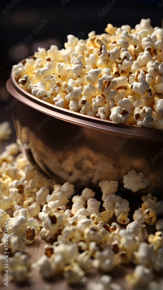 popcorn in a bowl and fallen popcorn around the bowl popcorn in a bowl and fallen popcorn around the bowl