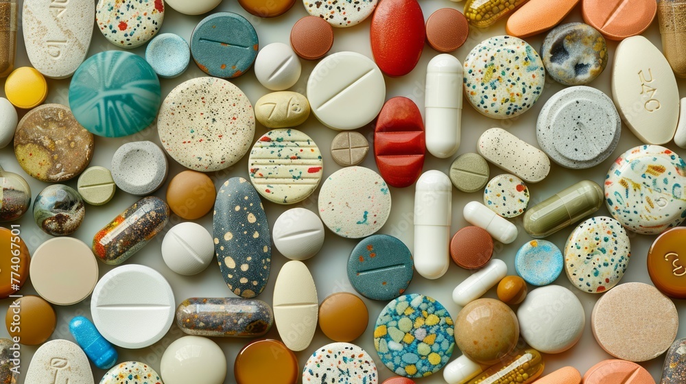 Overhead Scene of Assorted Pills on a Table Overhead Scene of Assorted Pills on a Table