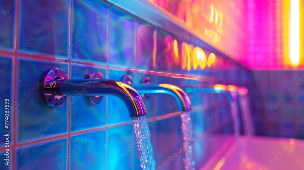 A close up of a bathroom with colorful lights and faucets, AI - obrazy, fototapety, plakaty 