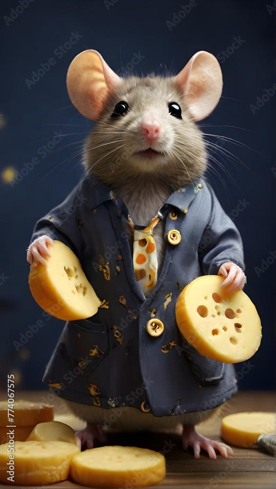 cute mouse and cheese-Whiskers and Wardrobe: A High-Resolution Portrait of a Darling Rat in Blue Fashion, Posing with Studio Light and Cheese Delight (8K Detail)