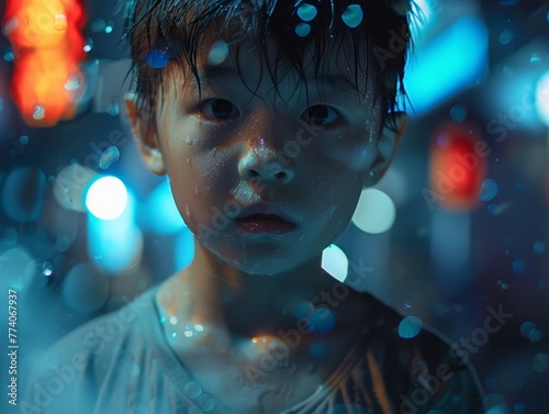 Asiatischer Junge im Regen