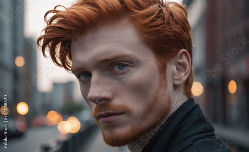 Portrait of a beautiful male red-haired model, a ginger model with a face of beauty and red hair