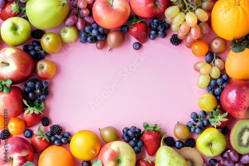 Colorful fruit frame with fresh berries  citrus  and apples on a pink background