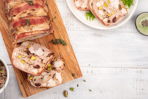 Delicious terrine with ground meat, ham and pistachios