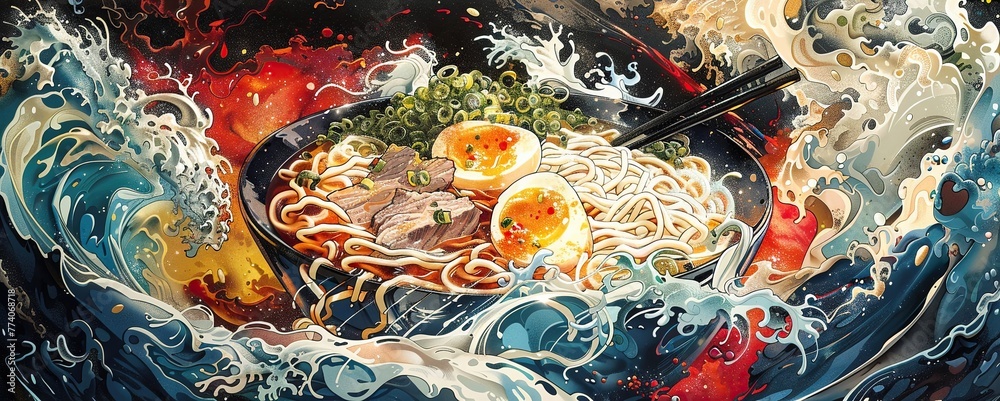 Artistic beef ramen, watercolor, broth shimmer, delicate beef, noodles swirl, culinary art