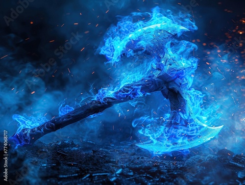 Axe engulfed in blue flames, stark contrast against black, fierce cold energy, captivating aura