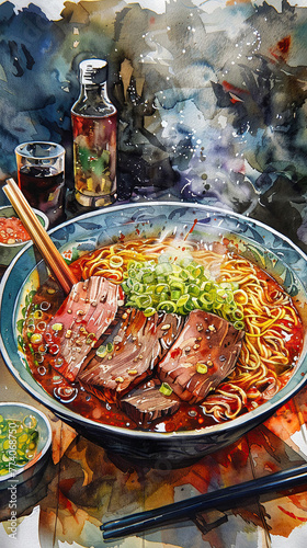 Beef ramen in watercolor, steam rising, vibrant broth hues, tender beef slices, comforting warmth photo