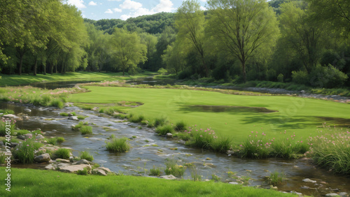 A Lush Green Landscape with a Flowing Stream and Towering Trees