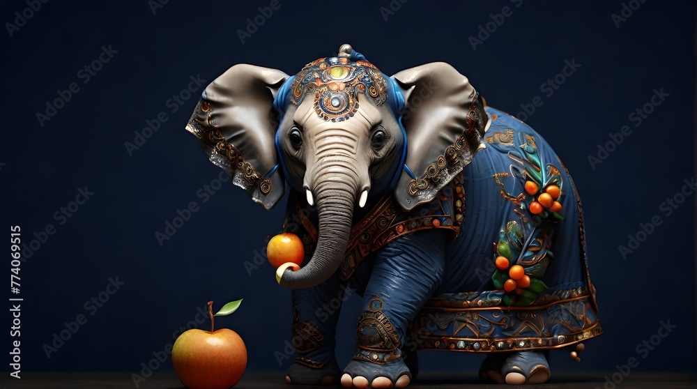 cute elephant-Blue-Eyed Pachyderm: Adorable Elephant in High-Resolution 8K, Wearing a Charming Blue Outfit, Illuminated by Studio Lights, Grasping Fresh Fruit in Trunk - Isolated on Dark Blue Backgrou