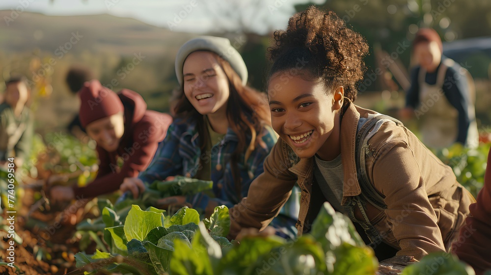 Group of happy Multiethnic teenager friend working in vegetable farm together