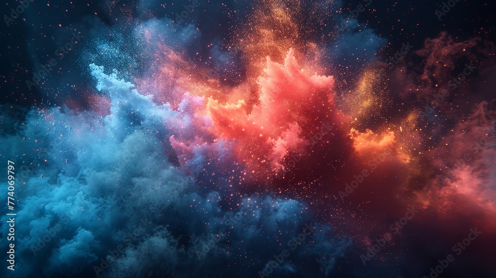 An explosion of cloudy red, green, and blue powder. A freeze-motion illustration of color powder exploding.