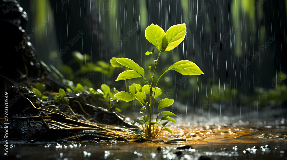 Green seedlings growing on the ground in the rain Green seedlings growing on the ground in the rain