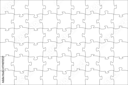 Puzzles grid template 10x6. Jigsaw puzzle pieces, thinking game and jigsaws detail frame design. Business assemble metaphor or puzzles game challenge vector.