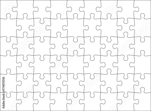 Puzzles grid template 10x6. Jigsaw puzzle pieces, thinking game and jigsaws detail frame design. Business assemble metaphor or puzzles game challenge vector.