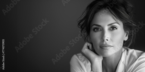 Portrait studio noir et blanc d'une femme de 40 ans la tête appuyée sur sa main, romantique et glamour avec de beaux yeux et beaucoup de charme