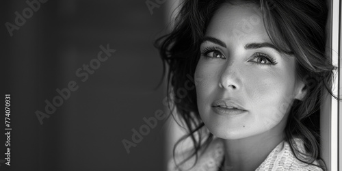 Portrait studio noir et blanc d'une femme de 40 ans romantique et glamour avec de beaux yeux et beaucoup de charme