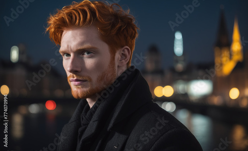Portrait of a beautiful male red-haired model, a ginger model with a face of beauty and red hair