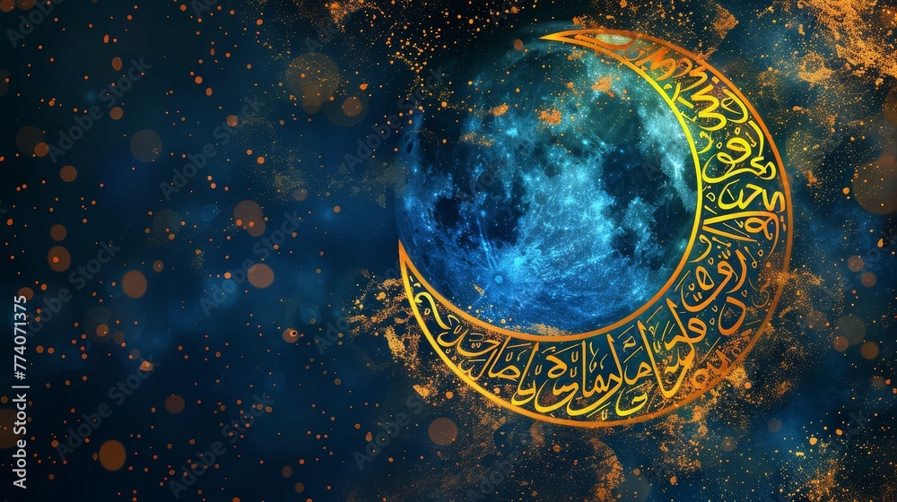 a background with a large, crescent moon as the centerpiece Incorporate beautiful Arabic calligraphy that spells out Eid greetings or prayers around the moon