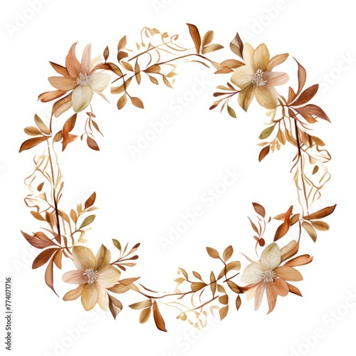 Tan thin barely noticeable flower frame with leaves isolated on white background pattern © Lenhard
