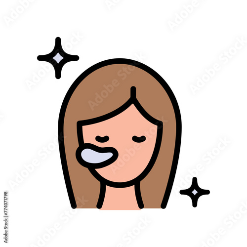 Girl face with patches color icon. Beauty procedure concept, applying cosmetic patches under the eyes, vector sign on white background. Gel patch on face icon simple style