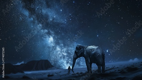 Space elephant and astronaut under the Milky Way, night, starlit sky, aerial view, tranquil