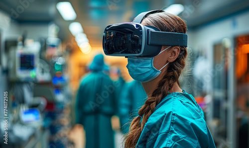 Healthcare professional donning virtual reality headset, immersed in simulated surgical environment, VR technology for medical training preparation, surgeons practice complex procedures risk-free