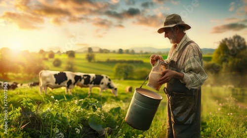 Using a big milk container pot, the farmer is working on an organic farm with dairy cows. Model is a real farm worker!